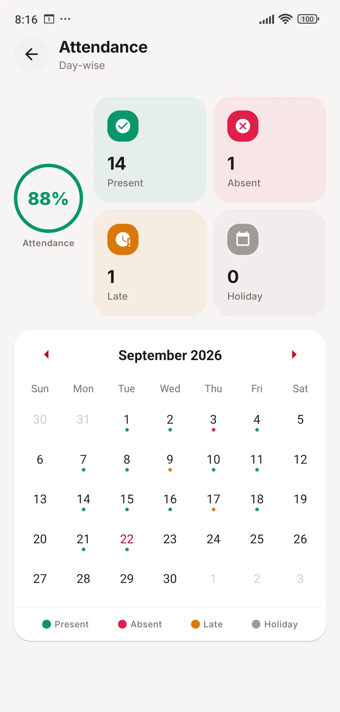 JCABS school app attendance screen with an 88% attendance ring, counts of present, absent, late and holiday days, and a monthly calendar