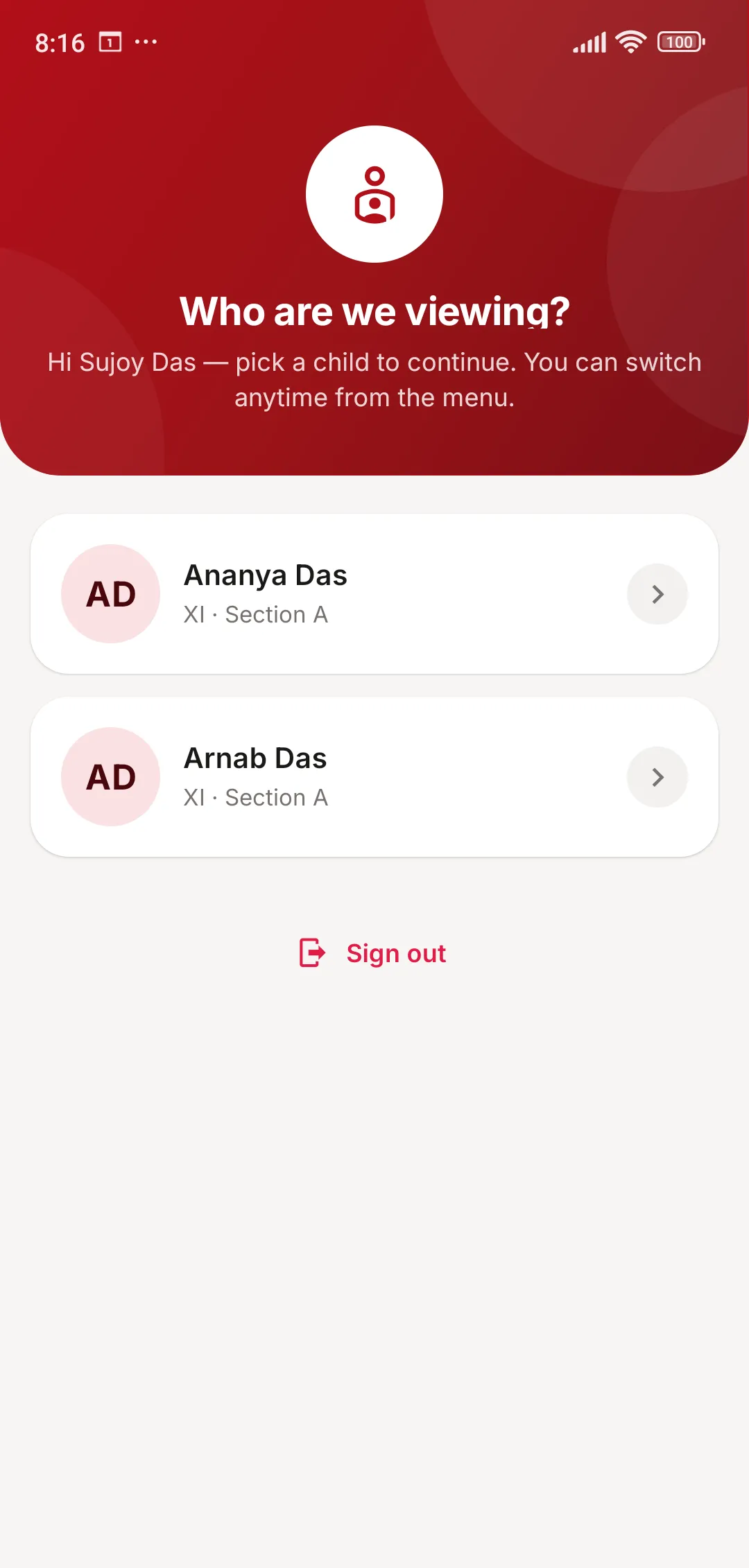 JCABS parent app screen asking “Who are we viewing?” with two children listed so the parent can switch between them