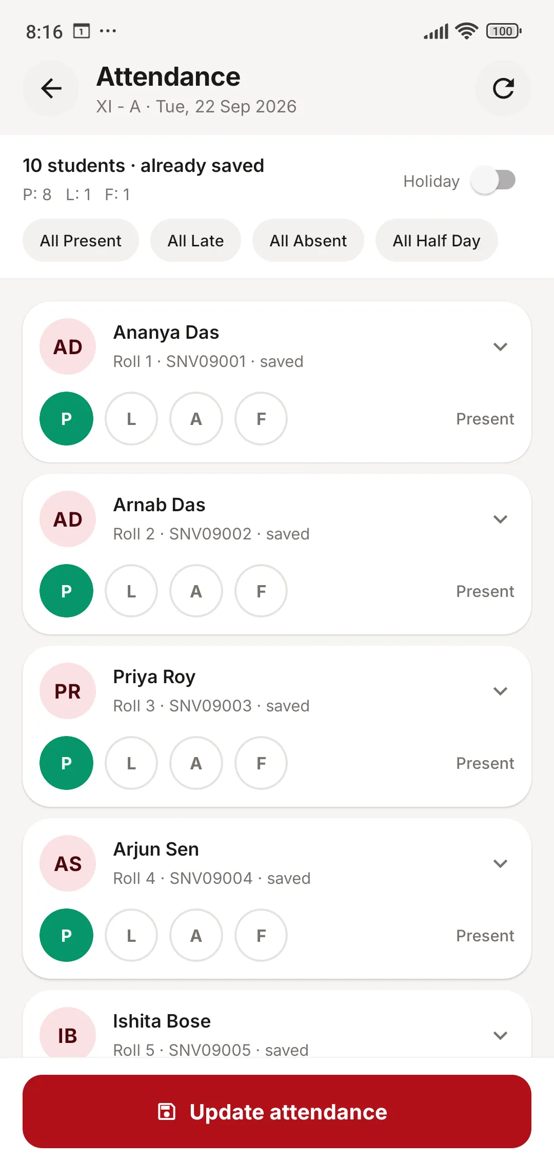 JCABS teacher app marking class attendance, with all present, all late, all absent and all half day buttons and a row of P, L, A, F buttons for each student
